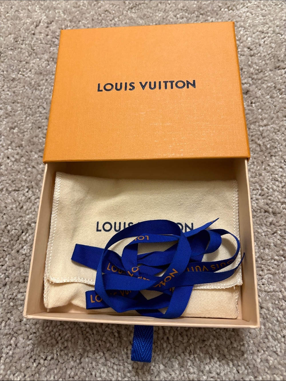Louis Vuitton Orange Box, Cream Dust Pouch, Blue Ribbon 5.5 x 5 x 1.2